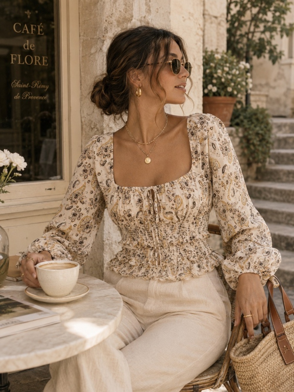 Free People Lolita Cream Floral Paisley Smocked Boho Women’s Peasant Top Sz L